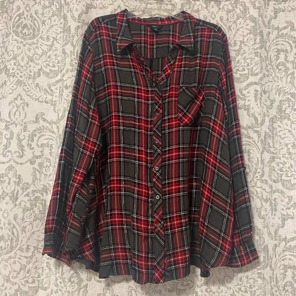 Intro Long Sleeve Button Up Plaid Flannel Top Red Gray Metallic Silver 3X - Picture 1 of 6